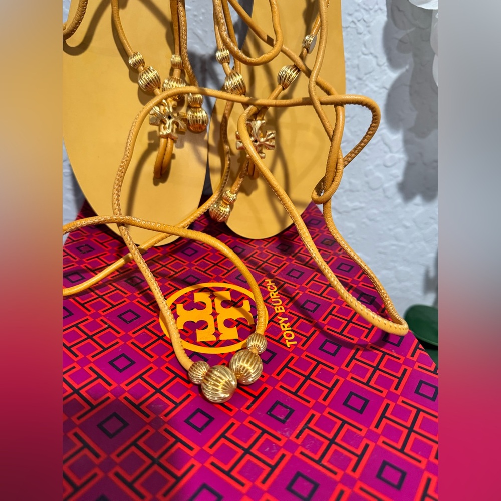 Tory Burch Capri Lace up Yellow and gold Sandals Worn Once !!! - Picture 8 of 10